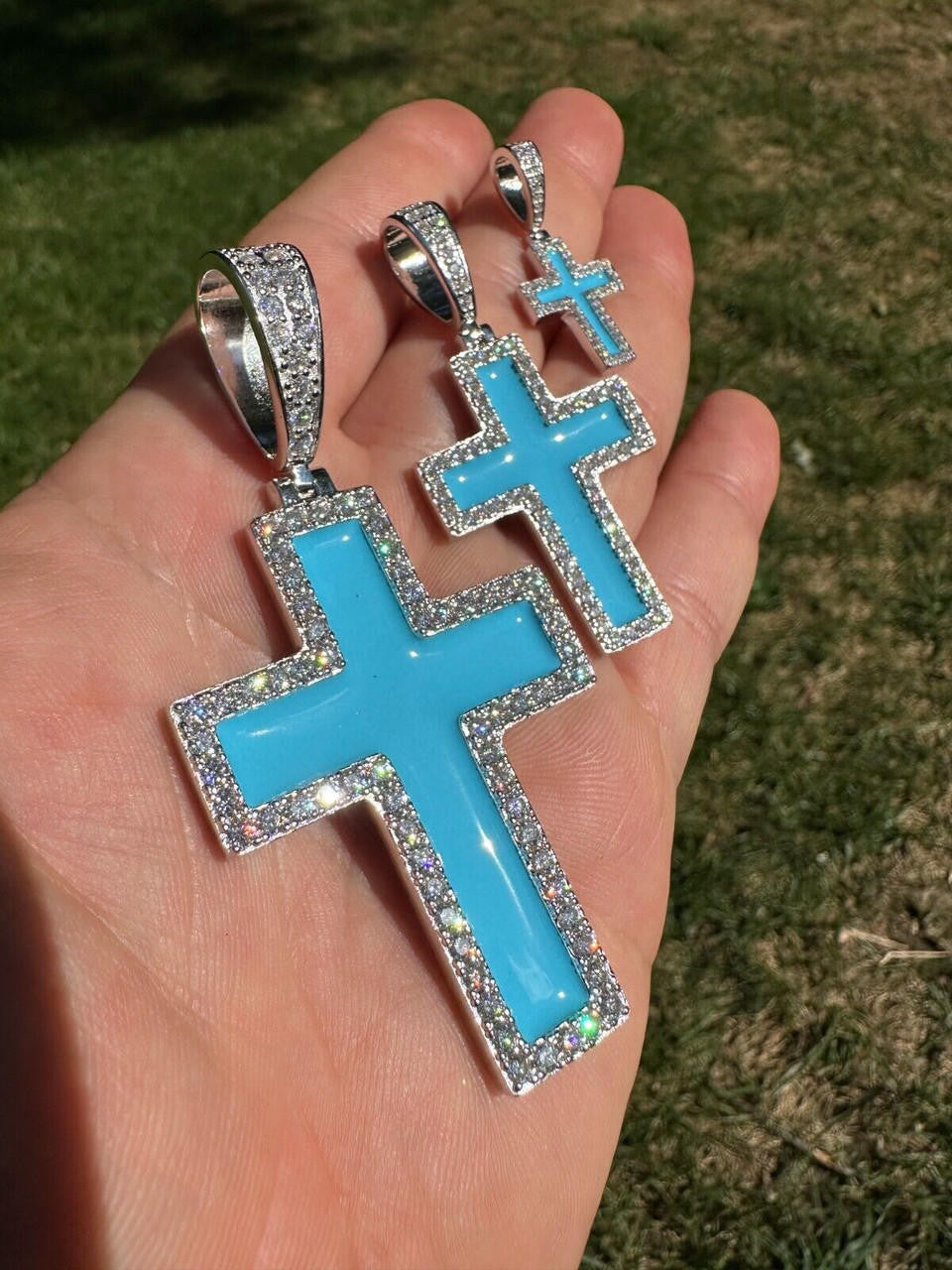Hip Hop MOISSANITE Cross Pendant Iced Necklace Light Blue Enamel Real 925 Silver 3 Sizes