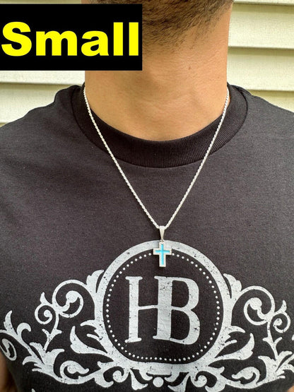 Hip Hop MOISSANITE Cross Pendant Iced Necklace Light Blue Enamel Real 925 Silver 3 Sizes