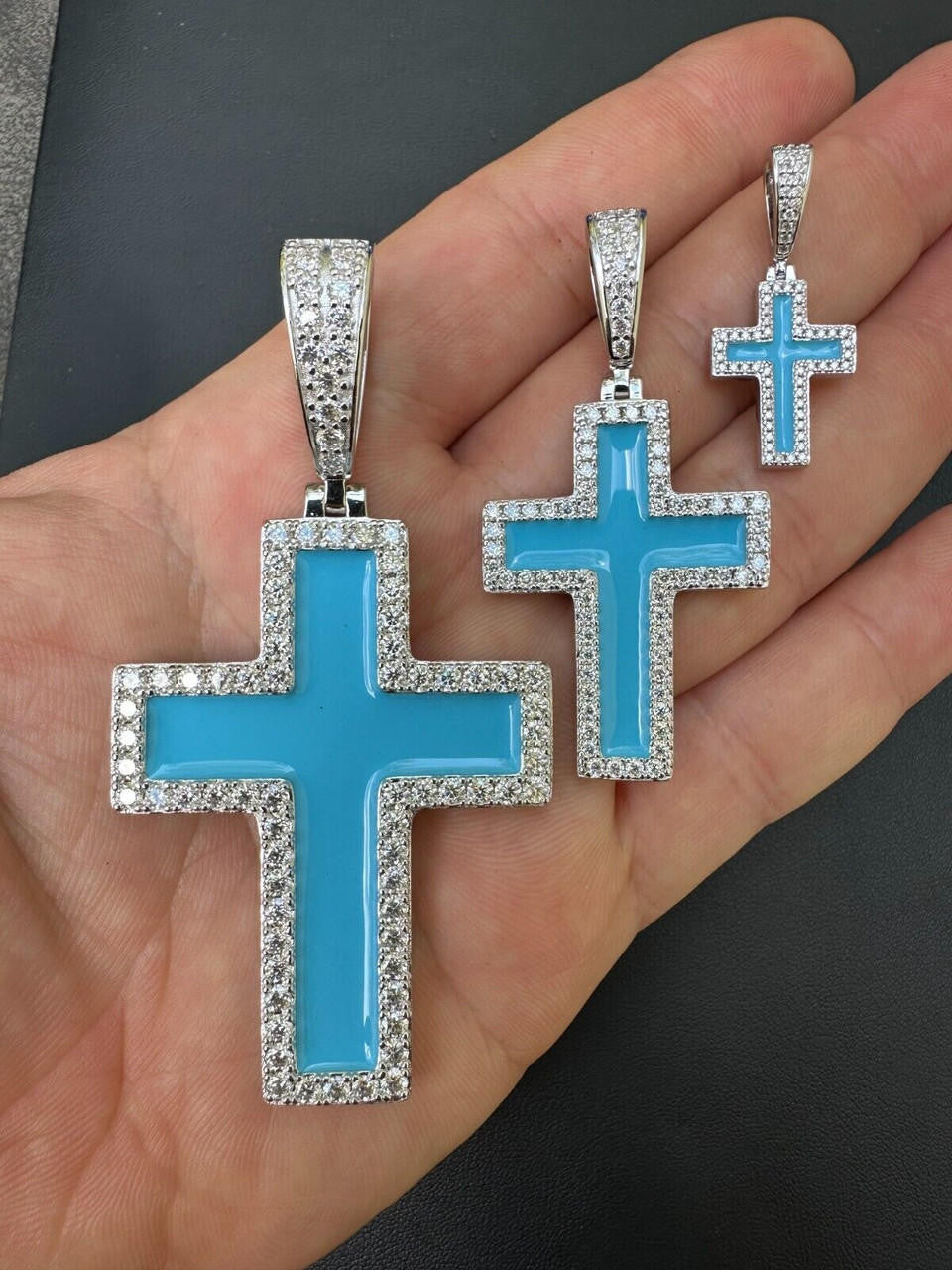 Hip Hop MOISSANITE Cross Pendant Iced Necklace Light Blue Enamel Real 925 Silver 3 Sizes