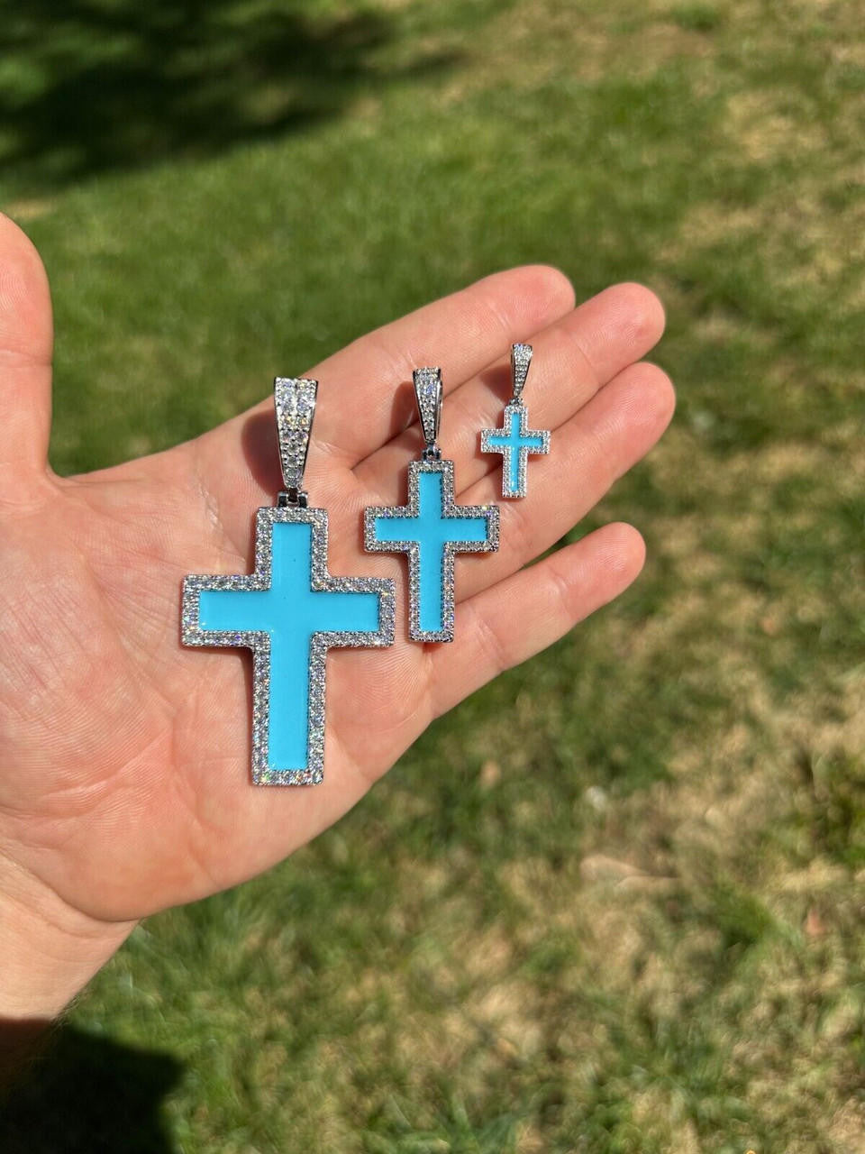 Hip Hop MOISSANITE Cross Pendant Iced Necklace Light Blue Enamel Real 925 Silver 3 Sizes