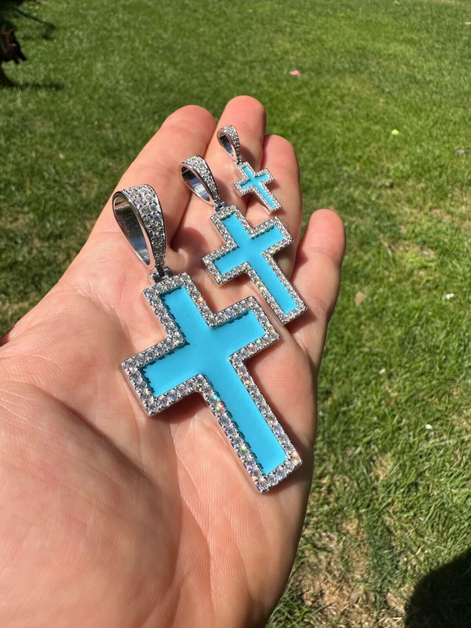 Hip Hop MOISSANITE Cross Pendant Iced Necklace Light Blue Enamel Real 925 Silver 3 Sizes