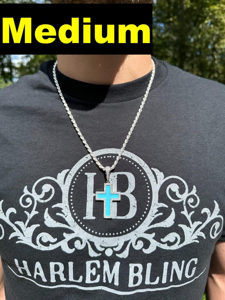 Hip Hop MOISSANITE Cross Pendant Iced Necklace Light Blue Enamel Real 925 Silver 3 Sizes