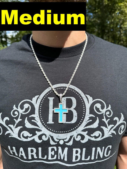 Hip Hop MOISSANITE Cross Pendant Iced Necklace Light Blue Enamel Real 925 Silver 3 Sizes