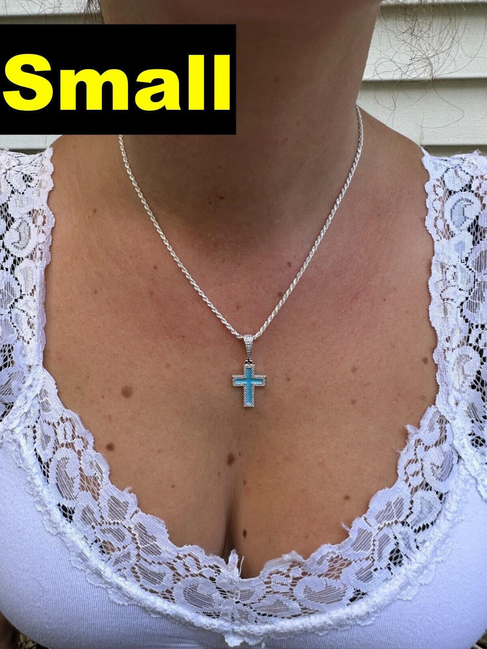 Hip Hop MOISSANITE Cross Pendant Iced Necklace Light Blue Enamel Real 925 Silver 3 Sizes