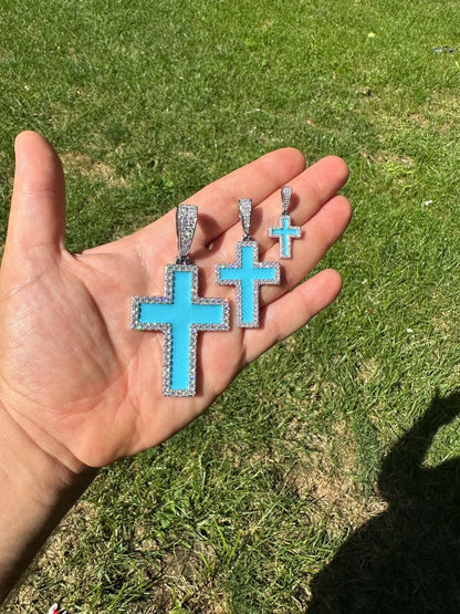 Hip Hop MOISSANITE Cross Pendant Iced Necklace Light Blue Enamel Real 925 Silver 3 Sizes