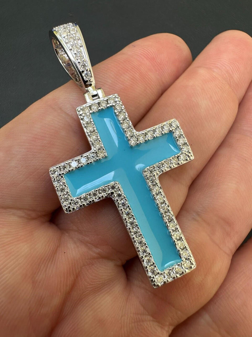 Hip Hop MOISSANITE Cross Pendant Iced Necklace Light Blue Enamel Real 925 Silver 3 Sizes