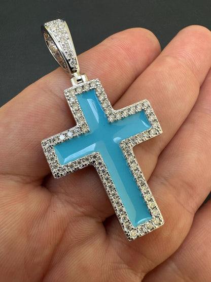 Hip Hop MOISSANITE Cross Pendant Iced Necklace Light Blue Enamel Real 925 Silver 3 Sizes