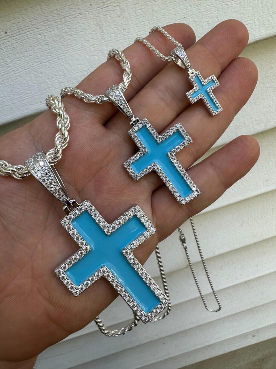 Hip Hop MOISSANITE Cross Pendant Iced Necklace Light Blue Enamel Real 925 Silver 3 Sizes