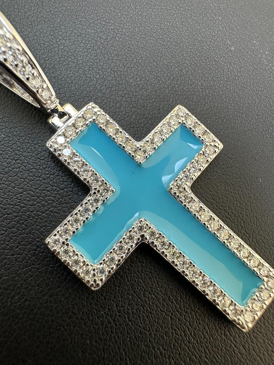 Hip Hop MOISSANITE Cross Pendant Iced Necklace Light Blue Enamel Real 925 Silver 3 Sizes