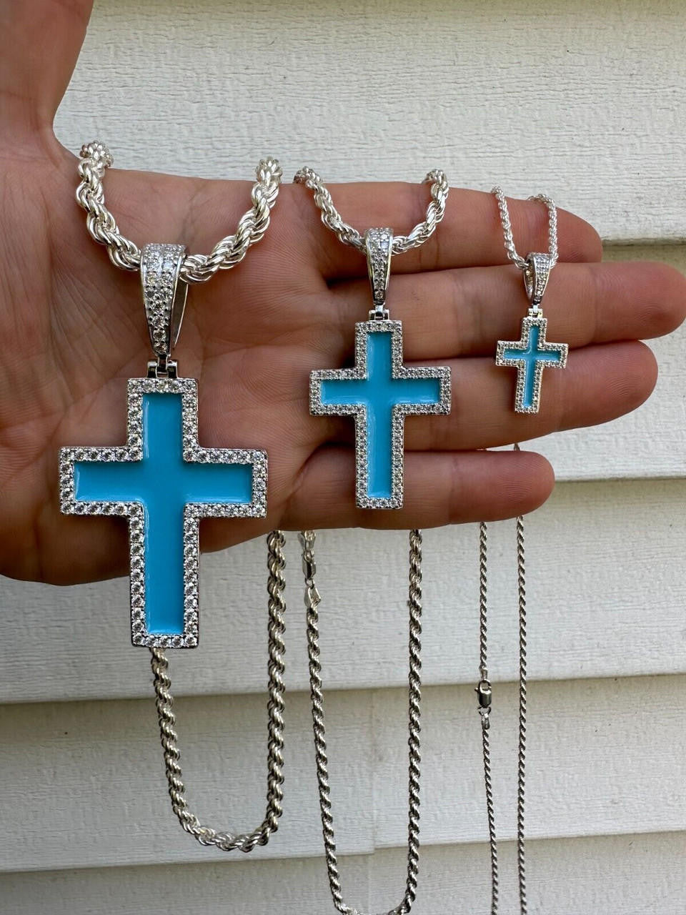 Hip Hop MOISSANITE Cross Pendant Iced Necklace Light Blue Enamel Real 925 Silver 3 Sizes