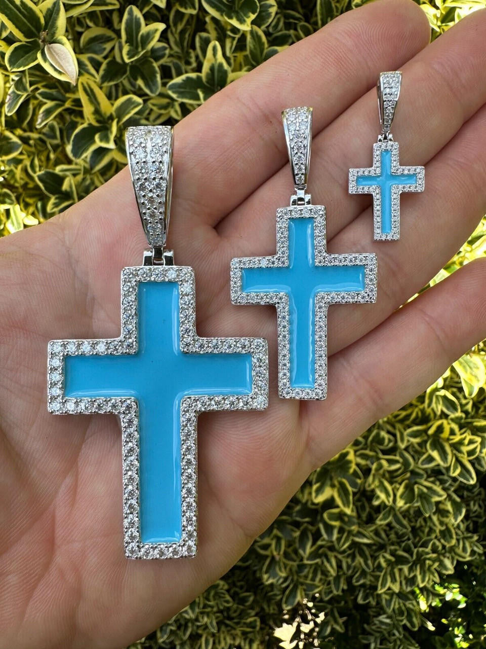Hip Hop MOISSANITE Cross Pendant Iced Necklace Light Blue Enamel Real 925 Silver 3 Sizes