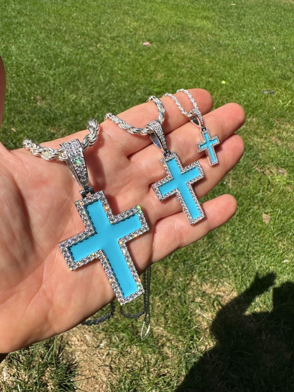 Hip Hop MOISSANITE Cross Pendant Iced Necklace Light Blue Enamel Real 925 Silver 3 Sizes