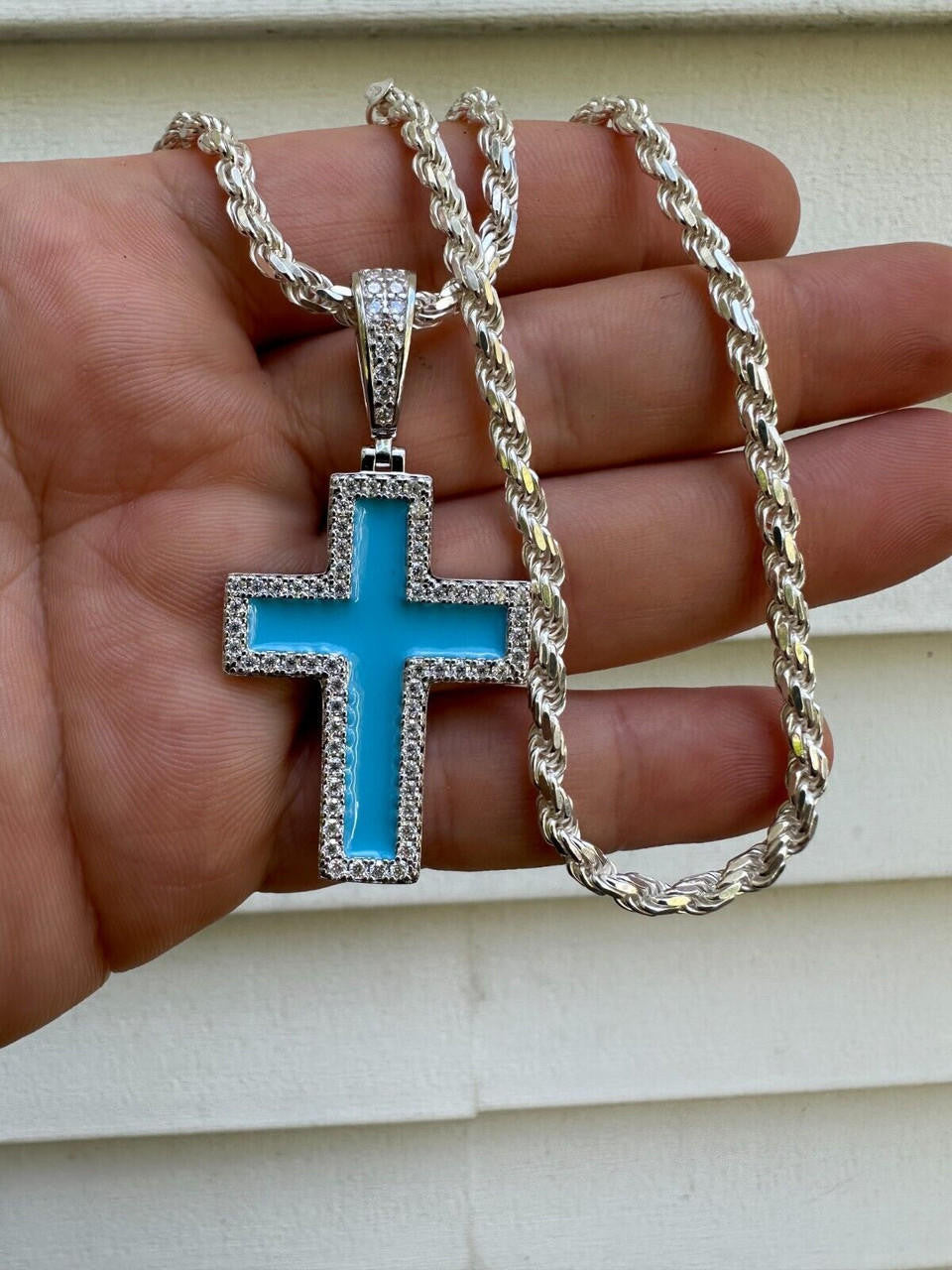 Hip Hop MOISSANITE Cross Pendant Iced Necklace Light Blue Enamel Real 925 Silver 3 Sizes