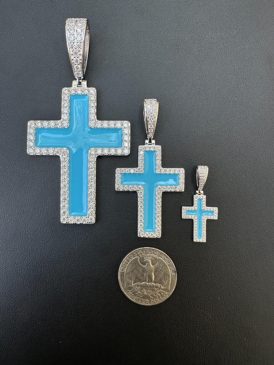 Hip Hop MOISSANITE Cross Pendant Iced Necklace Light Blue Enamel Real 925 Silver 3 Sizes