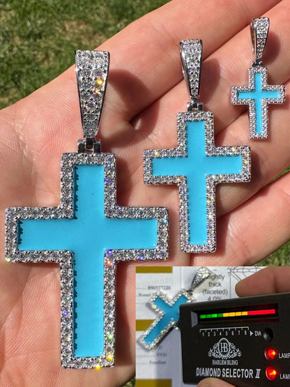 Hip Hop MOISSANITE Cross Pendant Iced Necklace Light Blue Enamel Real 925 Silver 3 Sizes