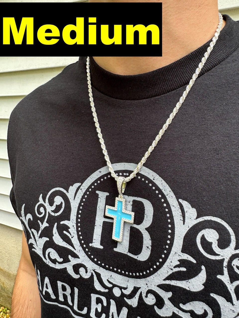 Hip Hop MOISSANITE Cross Pendant Iced Necklace Light Blue Enamel Real 925 Silver 3 Sizes