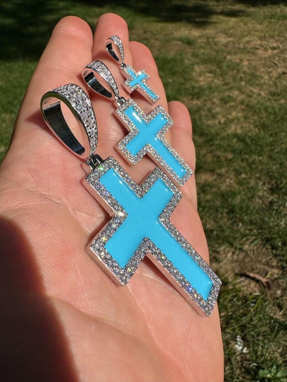 Hip Hop MOISSANITE Cross Pendant Iced Necklace Light Blue Enamel Real 925 Silver 3 Sizes