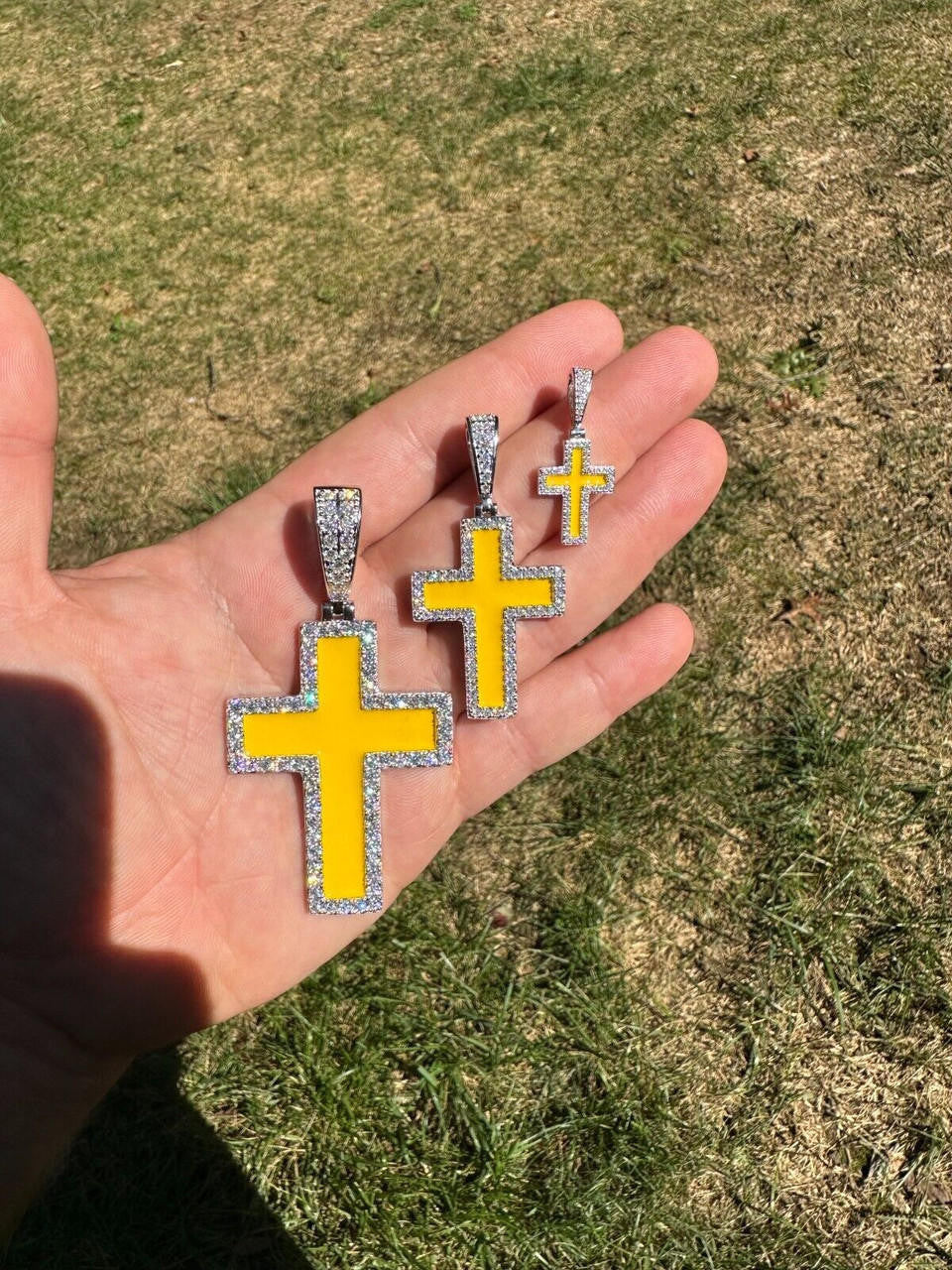 Hip Hop MOISSANITE Cross Pendant Iced Necklace Yellow Enamel Real 925 Silver 3 Sizes