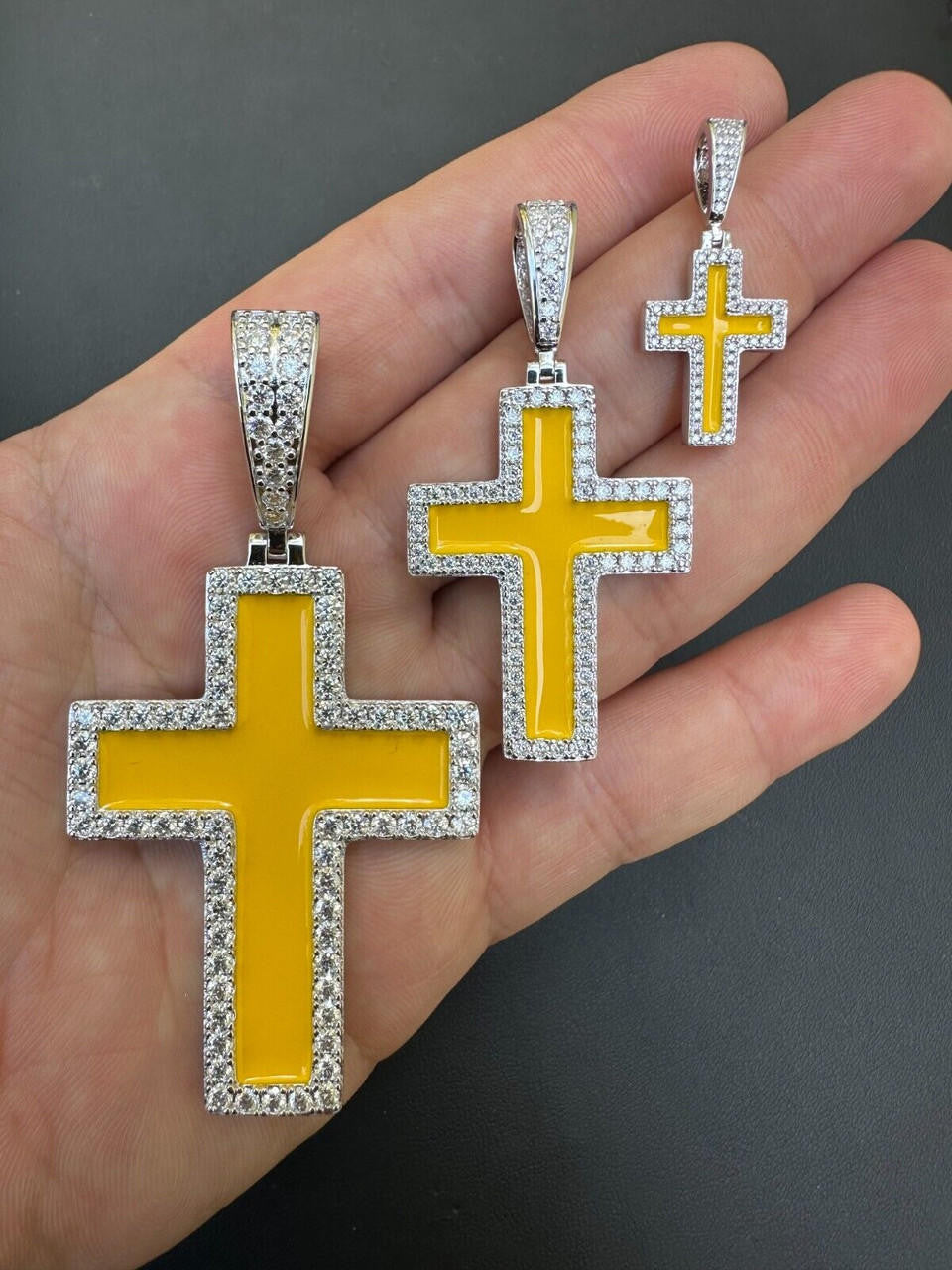 Hip Hop MOISSANITE Cross Pendant Iced Necklace Yellow Enamel Real 925 Silver 3 Sizes