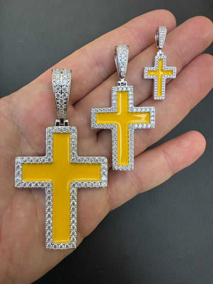 Hip Hop MOISSANITE Cross Pendant Iced Necklace Yellow Enamel Real 925 Silver 3 Sizes