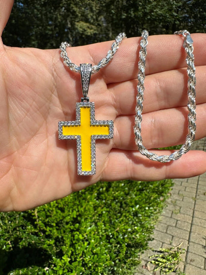 Hip Hop MOISSANITE Cross Pendant Iced Necklace Yellow Enamel Real 925 Silver 3 Sizes