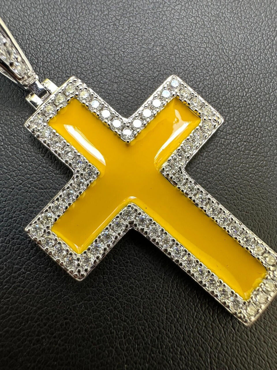 Hip Hop MOISSANITE Cross Pendant Iced Necklace Yellow Enamel Real 925 Silver 3 Sizes