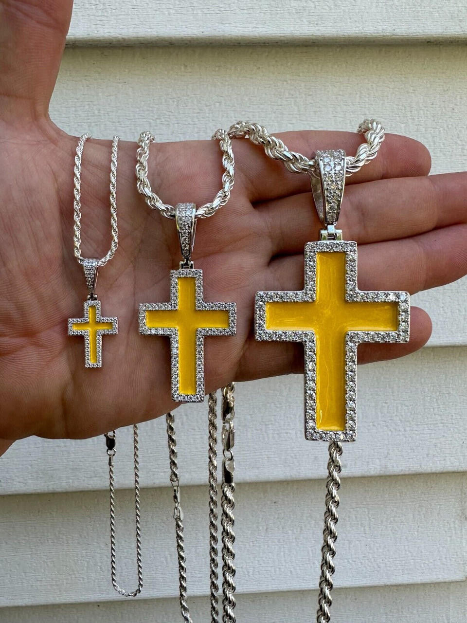 Hip Hop MOISSANITE Cross Pendant Iced Necklace Yellow Enamel Real 925 Silver 3 Sizes