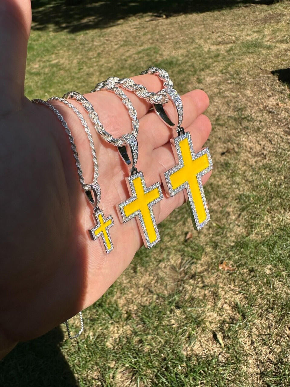 Hip Hop MOISSANITE Cross Pendant Iced Necklace Yellow Enamel Real 925 Silver 3 Sizes