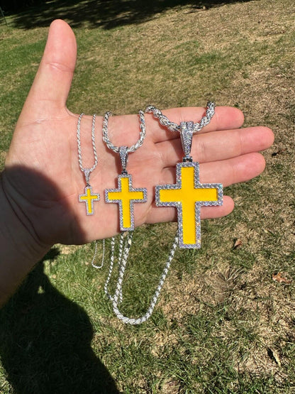 Hip Hop MOISSANITE Cross Pendant Iced Necklace Yellow Enamel Real 925 Silver 3 Sizes