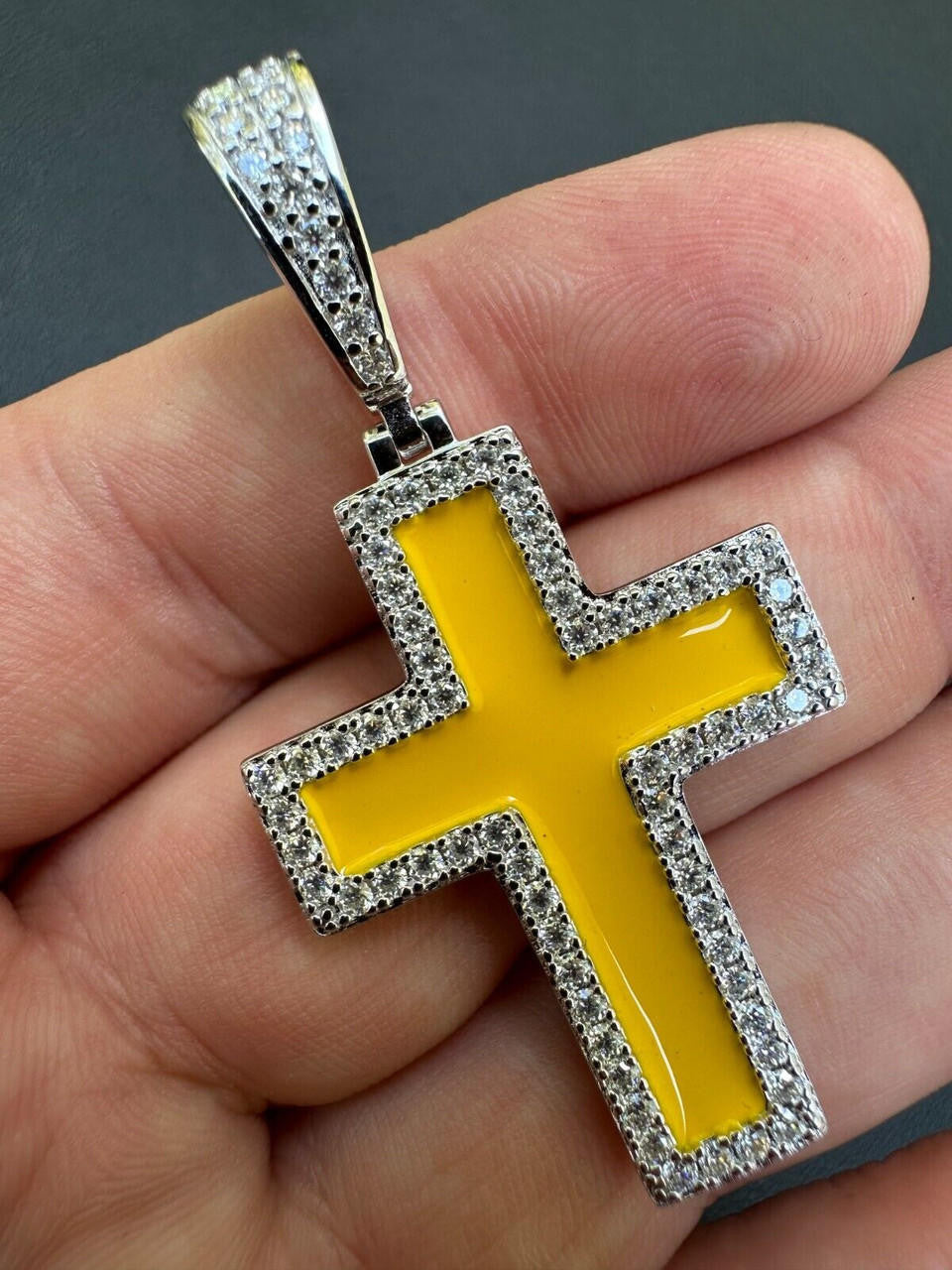Hip Hop MOISSANITE Cross Pendant Iced Necklace Yellow Enamel Real 925 Silver 3 Sizes
