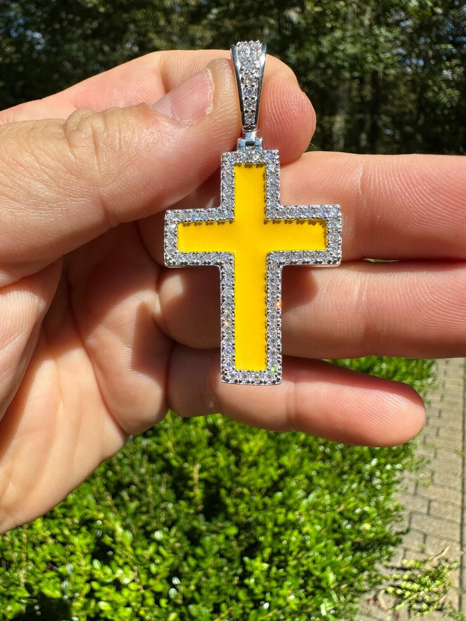 Hip Hop MOISSANITE Cross Pendant Iced Necklace Yellow Enamel Real 925 Silver 3 Sizes