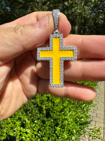 Hip Hop MOISSANITE Cross Pendant Iced Necklace Yellow Enamel Real 925 Silver 3 Sizes