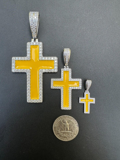 Hip Hop MOISSANITE Cross Pendant Iced Necklace Yellow Enamel Real 925 Silver 3 Sizes