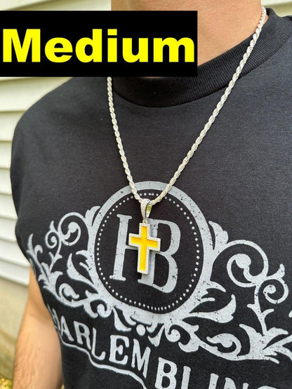 Hip Hop MOISSANITE Cross Pendant Iced Necklace Yellow Enamel Real 925 Silver 3 Sizes