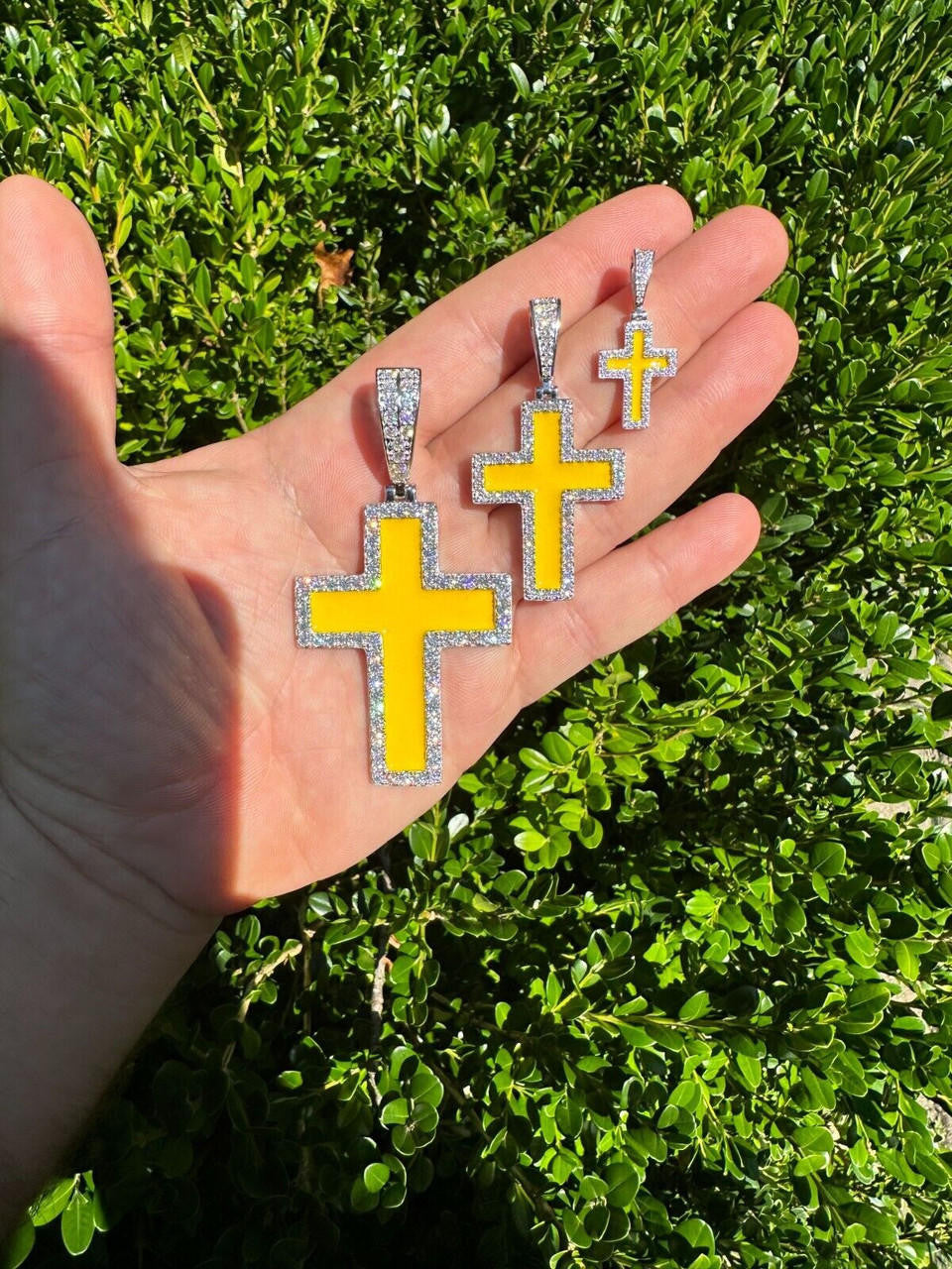 Hip Hop MOISSANITE Cross Pendant Iced Necklace Yellow Enamel Real 925 Silver 3 Sizes