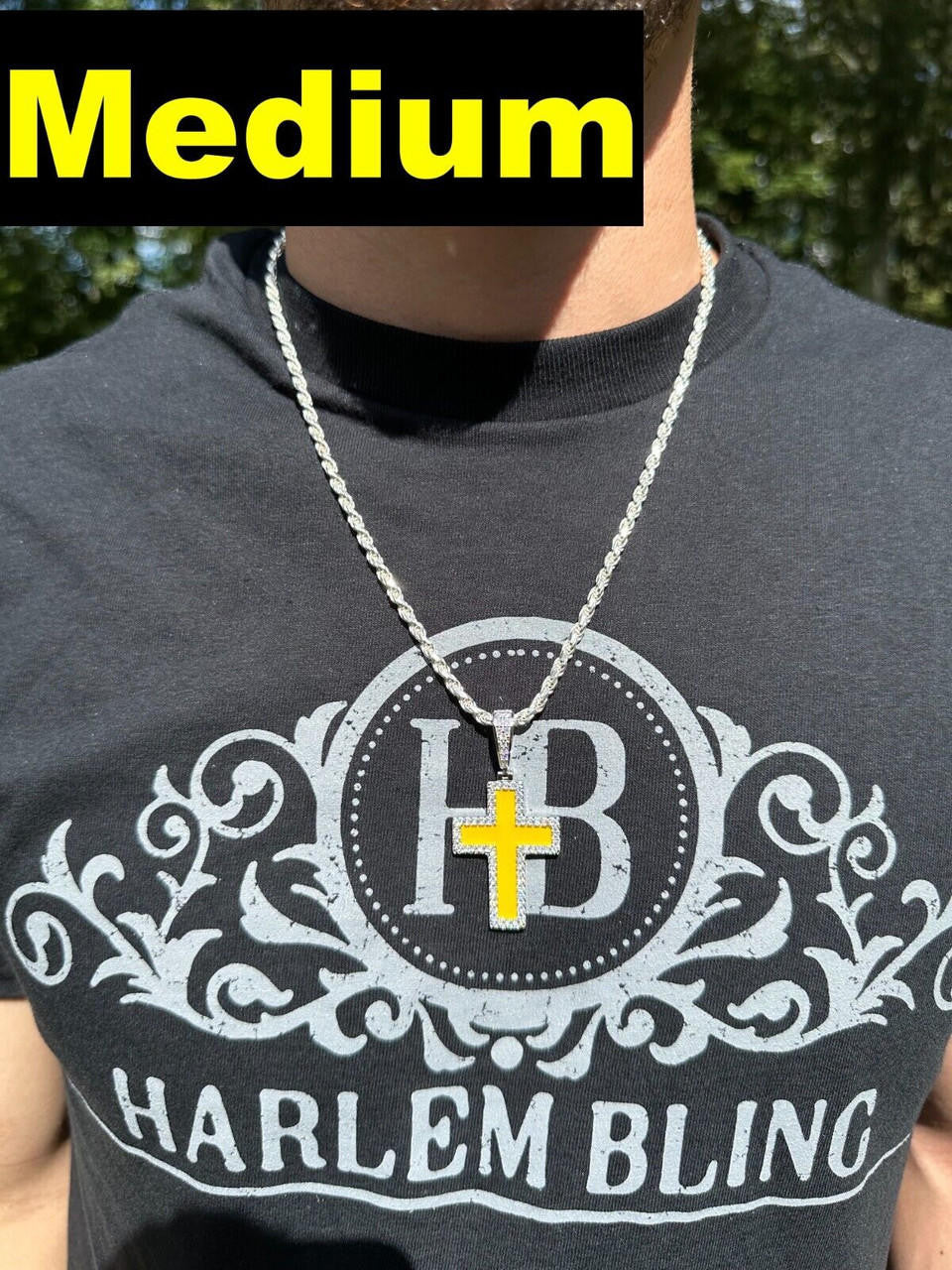 Hip Hop MOISSANITE Cross Pendant Iced Necklace Yellow Enamel Real 925 Silver 3 Sizes