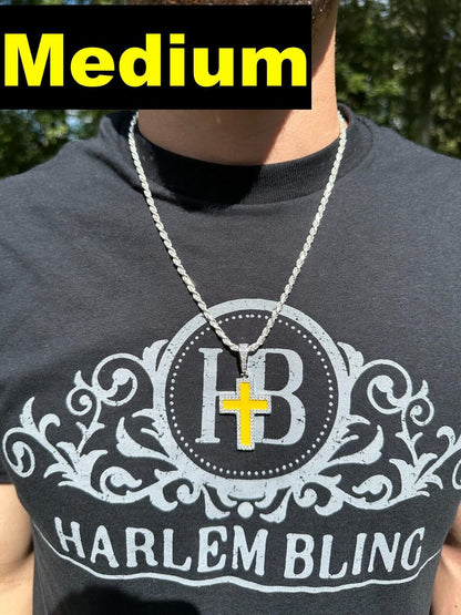 Hip Hop MOISSANITE Cross Pendant Iced Necklace Yellow Enamel Real 925 Silver 3 Sizes