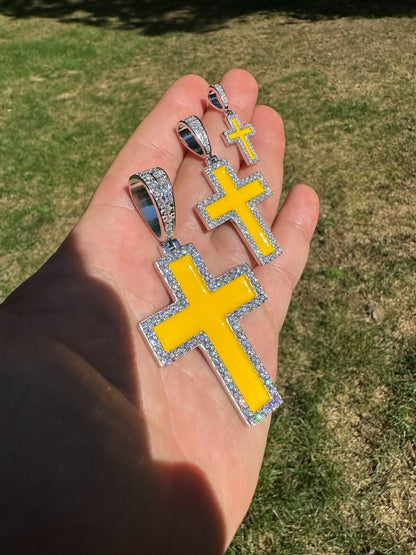 Hip Hop MOISSANITE Cross Pendant Iced Necklace Yellow Enamel Real 925 Silver 3 Sizes