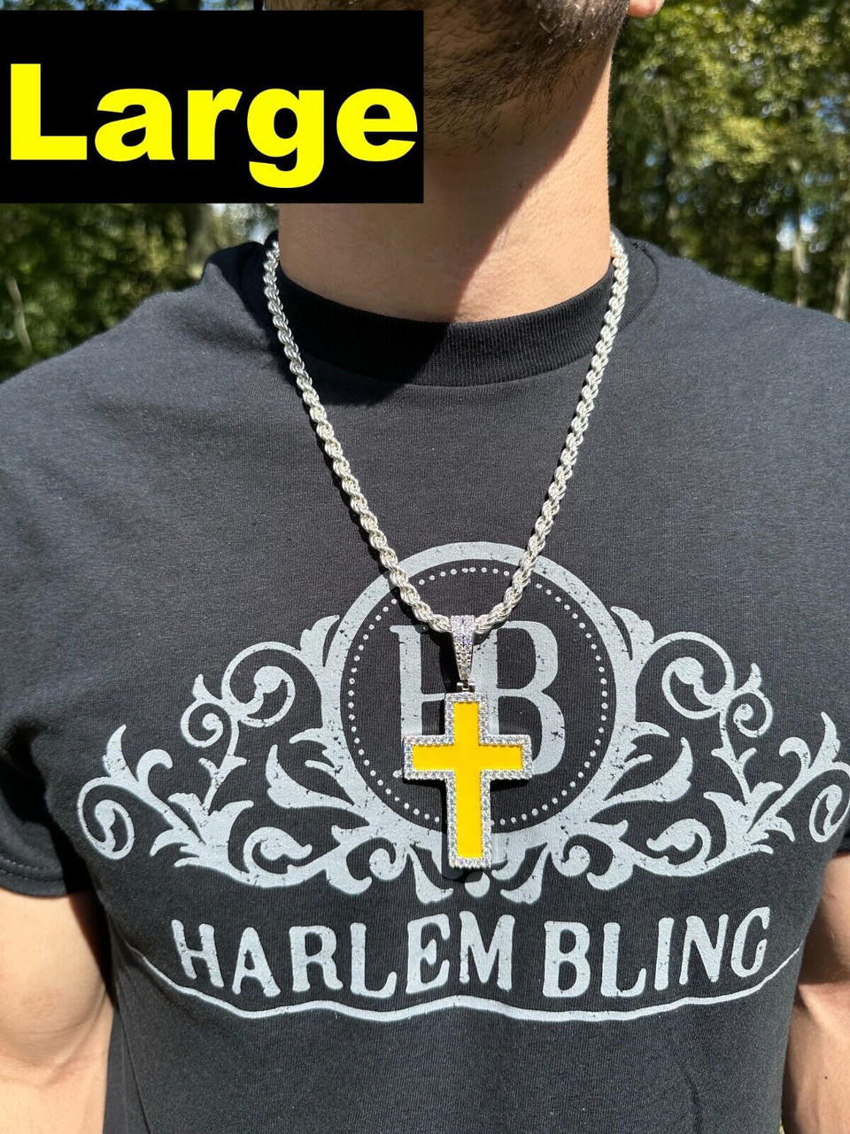 Hip Hop MOISSANITE Cross Pendant Iced Necklace Yellow Enamel Real 925 Silver 3 Sizes