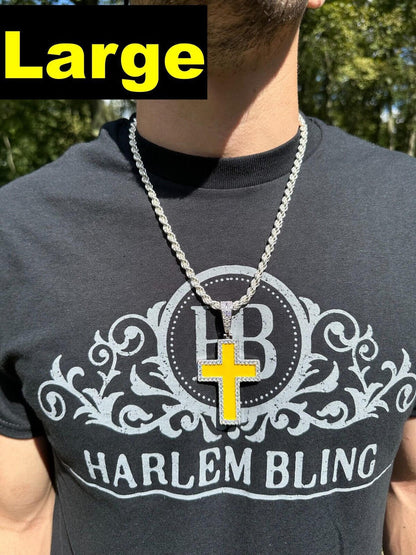 Hip Hop MOISSANITE Cross Pendant Iced Necklace Yellow Enamel Real 925 Silver 3 Sizes