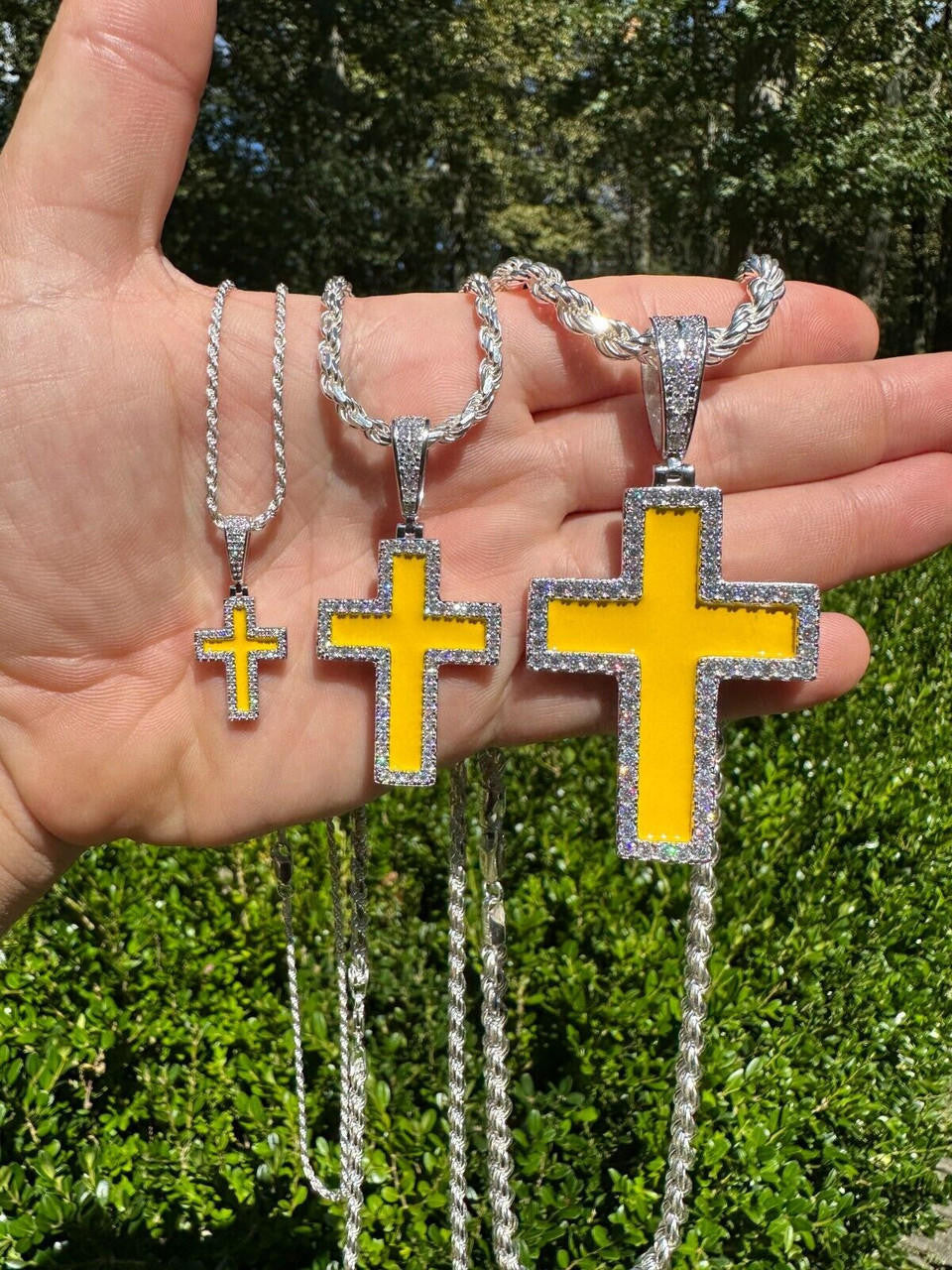 Hip Hop MOISSANITE Cross Pendant Iced Necklace Yellow Enamel Real 925 Silver 3 Sizes
