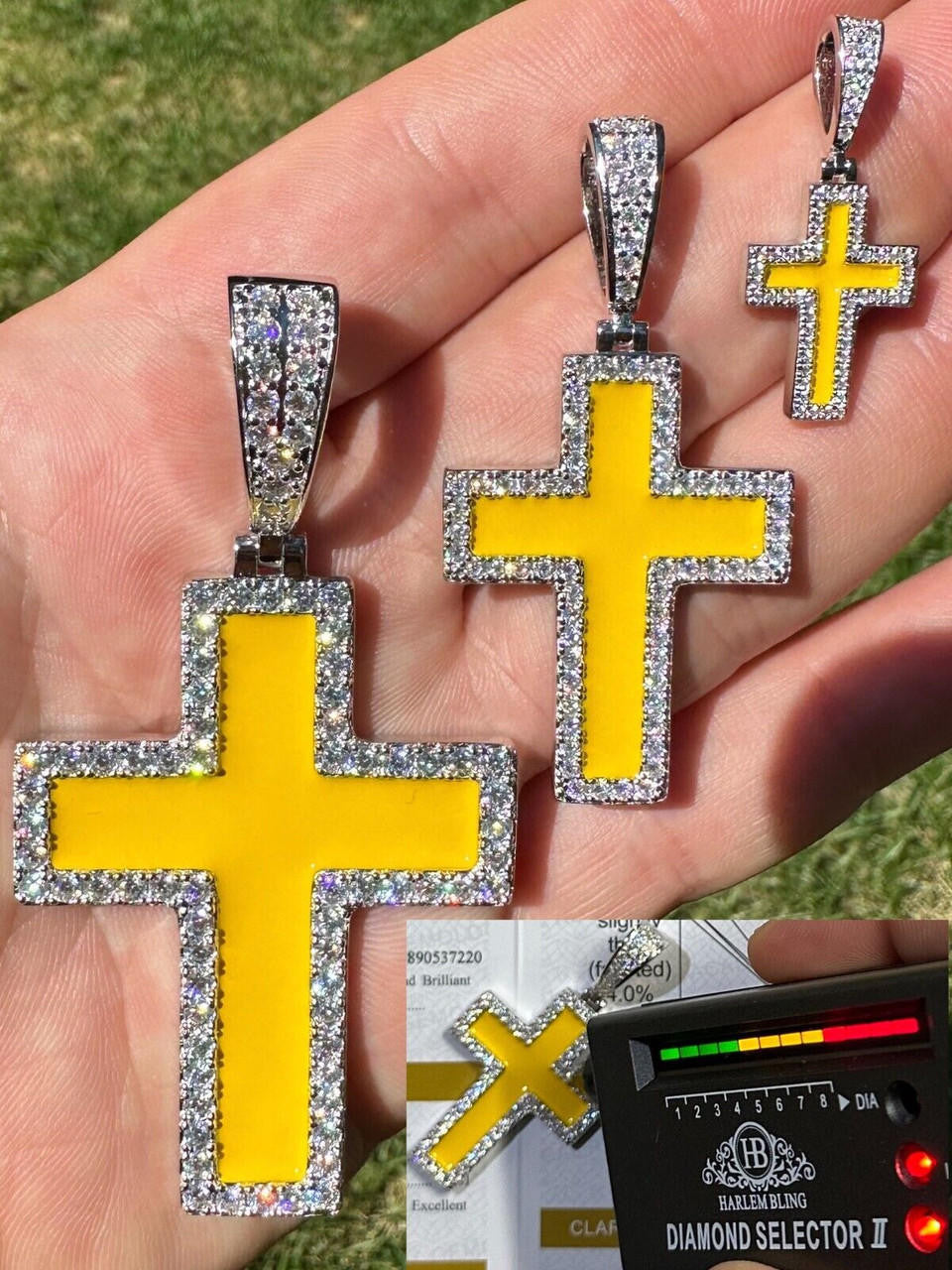 Hip Hop MOISSANITE Cross Pendant Iced Necklace Yellow Enamel Real 925 Silver 3 Sizes
