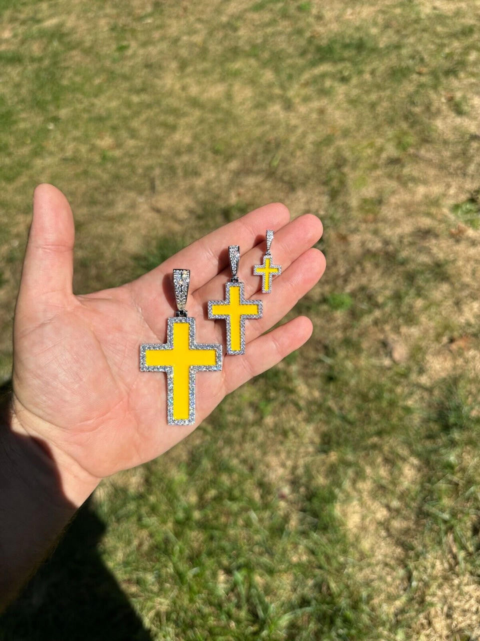 Hip Hop MOISSANITE Cross Pendant Iced Necklace Yellow Enamel Real 925 Silver 3 Sizes