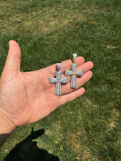 Hip Hop Moissanite Cross W. 1ct Center Stone Pendant - Iced 925 Silver /Gold Necklace
