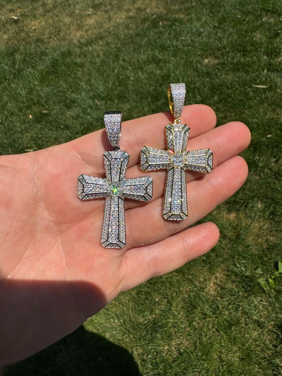 Hip Hop Moissanite Cross W. 1ct Center Stone Pendant - Iced 925 Silver /Gold Necklace