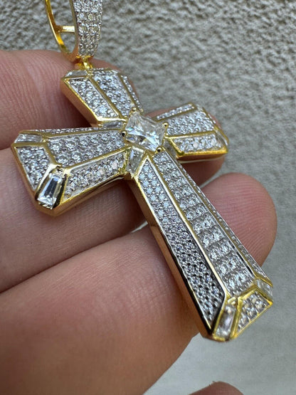 Hip Hop Moissanite Cross W. 1ct Center Stone Pendant - Iced 925 Silver /Gold Necklace