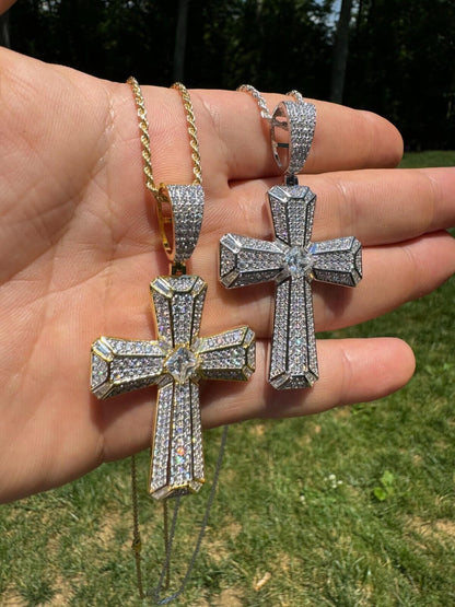 Hip Hop Moissanite Cross W. 1ct Center Stone Pendant - Iced 925 Silver /Gold Necklace
