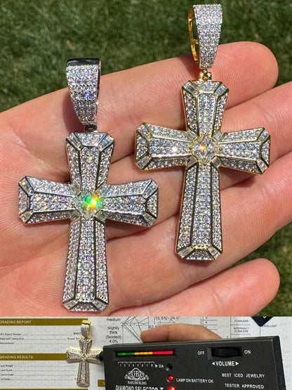 Hip Hop Moissanite Cross W. 1ct Center Stone Pendant - Iced 925 Silver /Gold Necklace