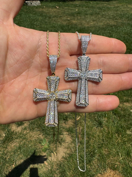 Hip Hop Moissanite Cross W. 1ct Center Stone Pendant - Iced 925 Silver /Gold Necklace
