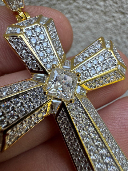 Hip Hop Moissanite Cross W. 1ct Center Stone Pendant - Iced 925 Silver /Gold Necklace